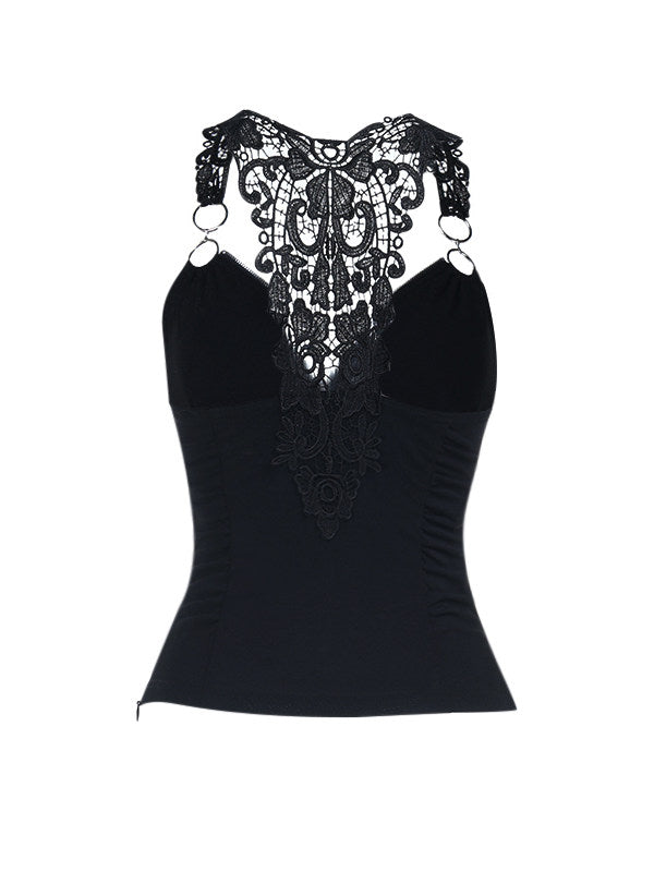 Black lace suspender vest with lace back yoke, shoulder straps, and dangling bead details