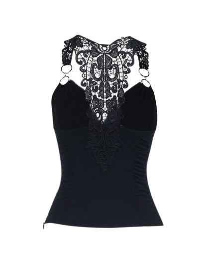 Black lace suspender vest with lace back yoke, shoulder straps, and dangling bead details