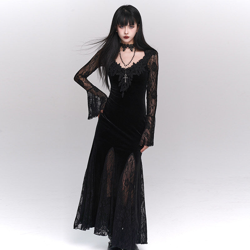 Gothic Black Mermaid Maxi Dress