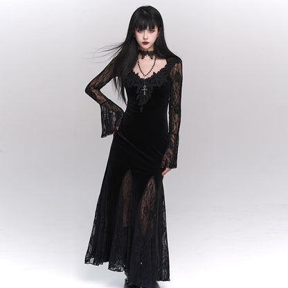 Gothic Black Mermaid Maxi Dress