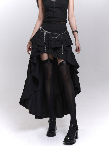 Black layered mini skirt with tiered ruffles, sheer panel cutouts, and waist chains