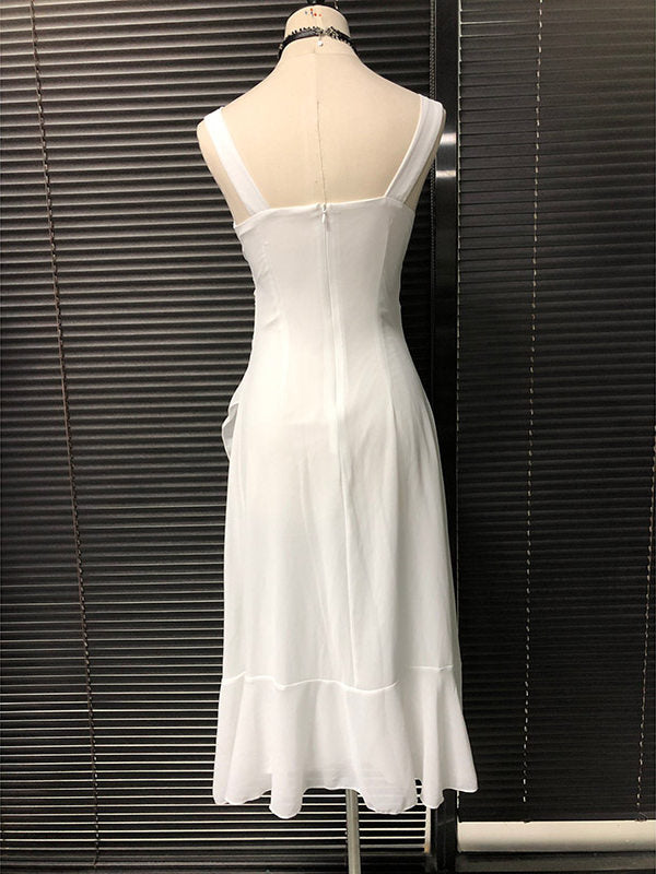 White chiffon camisole dress back view with thin straps and straight midi hem