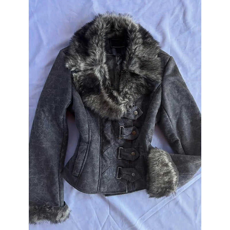 Gray fur-collar motorcycle jacket full view with front button placket and fur-lined cuffs