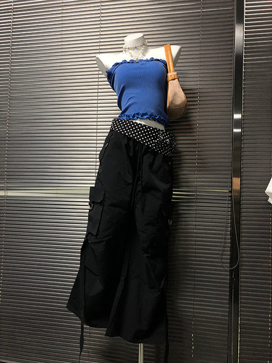 Black Polka Dot Contrast Wide-Leg Pants