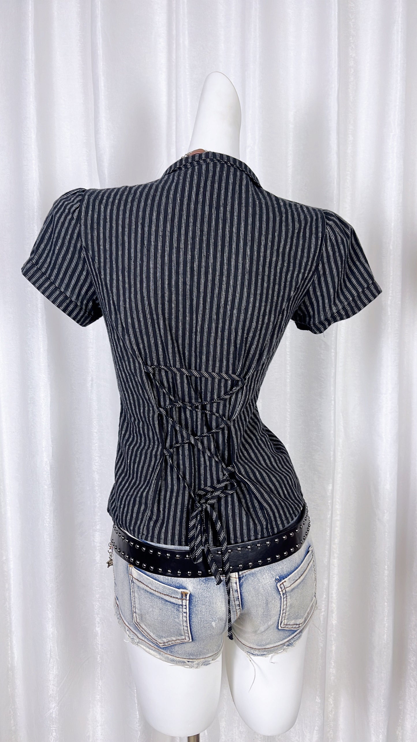 Navy pinstriped lapel shirt back view with gathered waist detail
