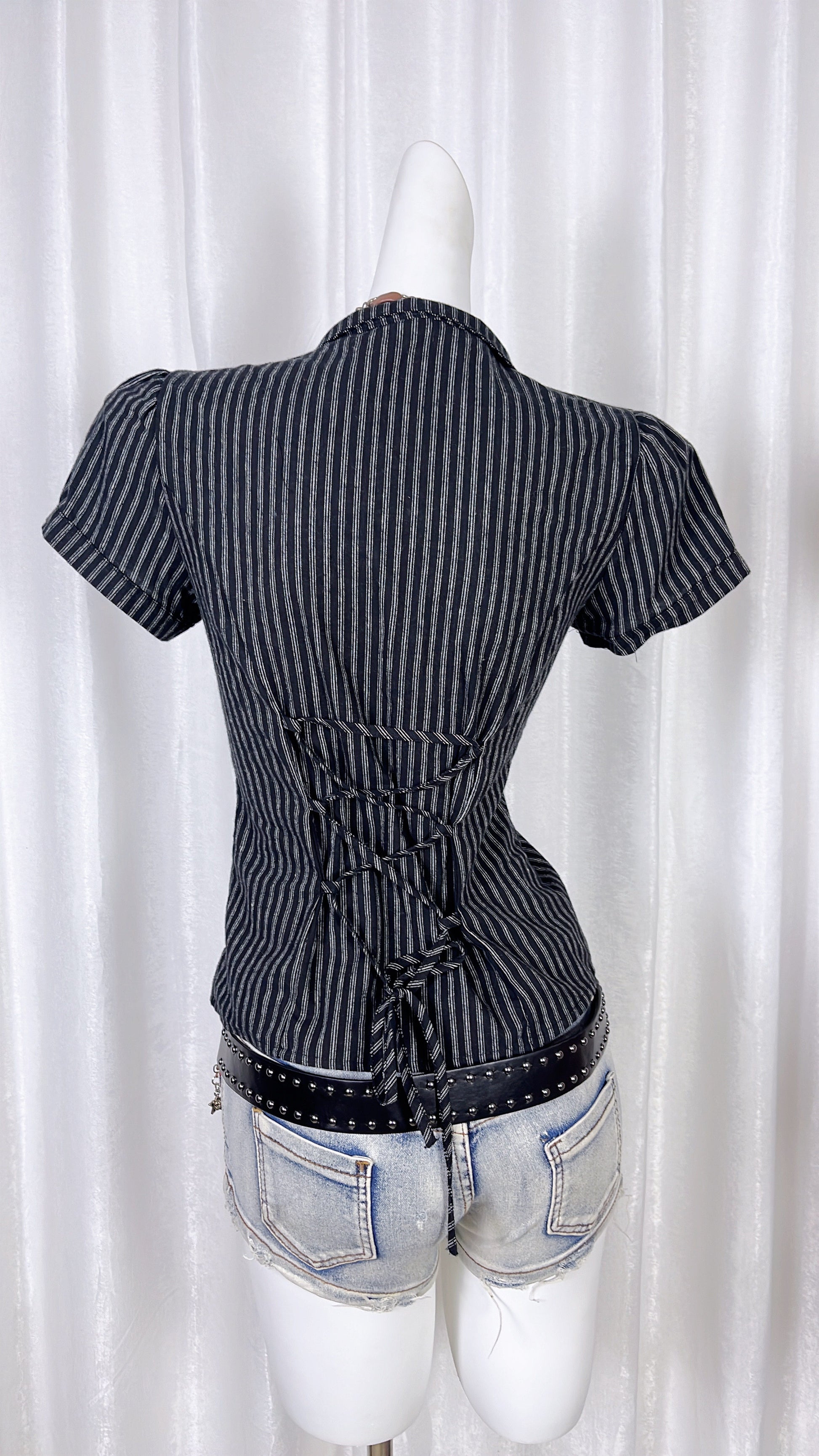 Navy pinstriped lapel shirt back view with gathered waist detail