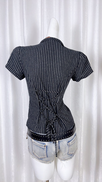 Navy pinstriped lapel shirt back view with gathered waist detail