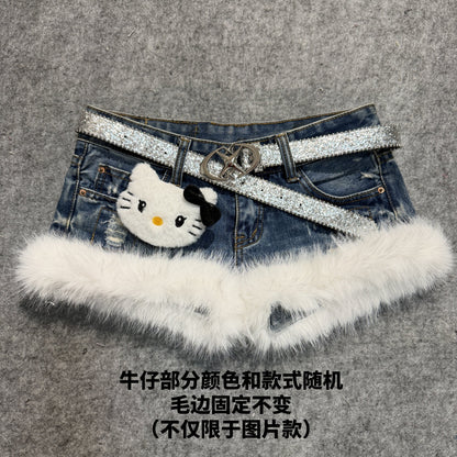 Dark blue denim shorts with white faux-fur trim and glitter belt with cat face charm