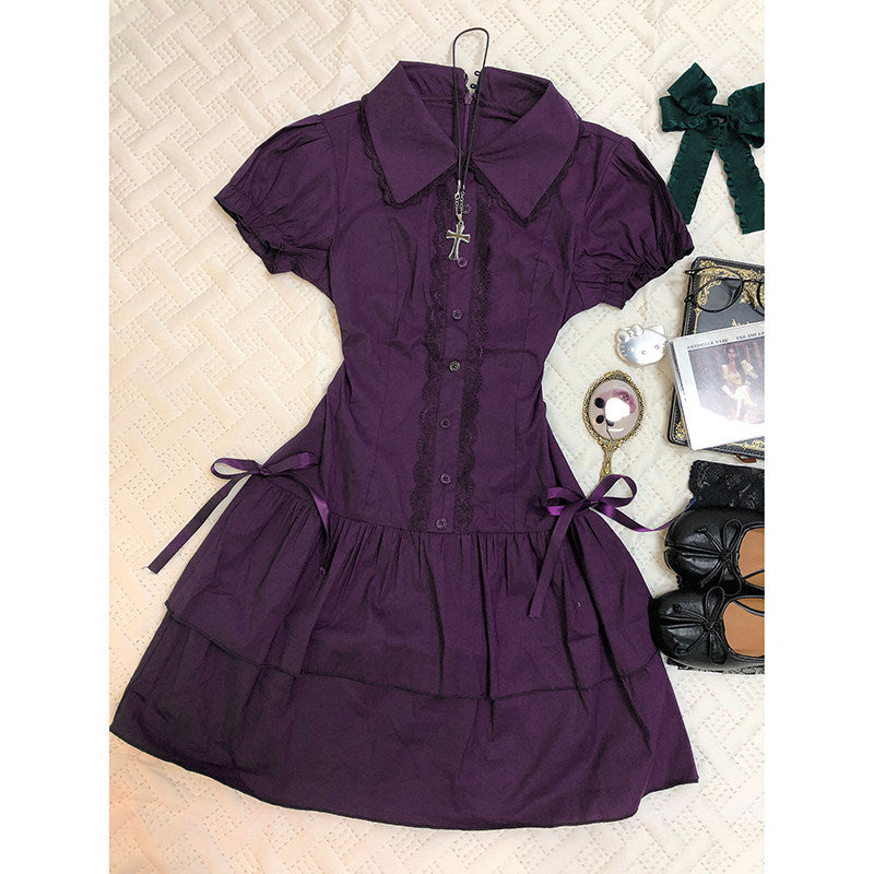 Purple lace patchwork dress with puff sleeves, button placket, and waist ribbon ties.