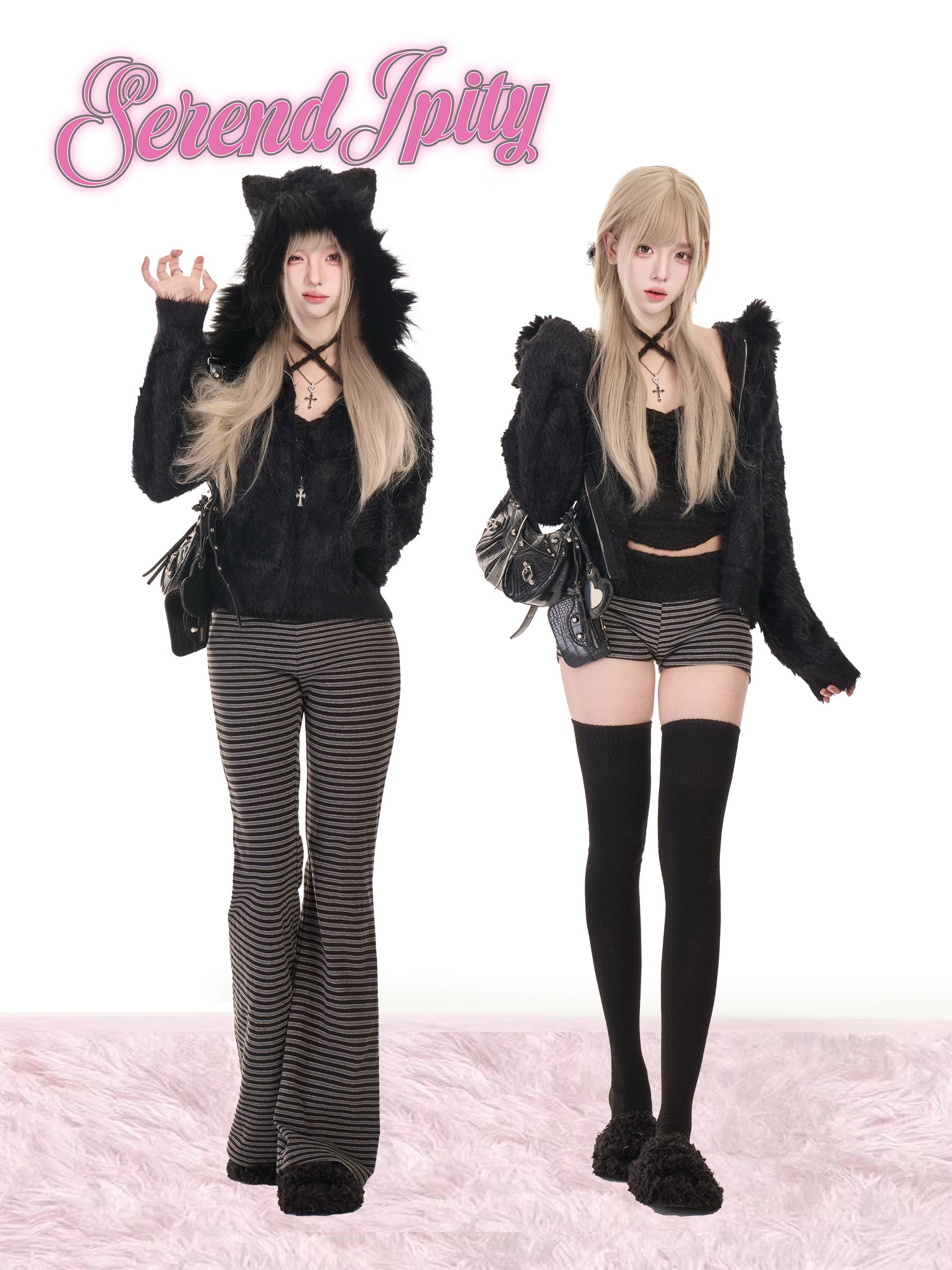 Black faux fur hooded jacket with striped flared pants and thigh-highs