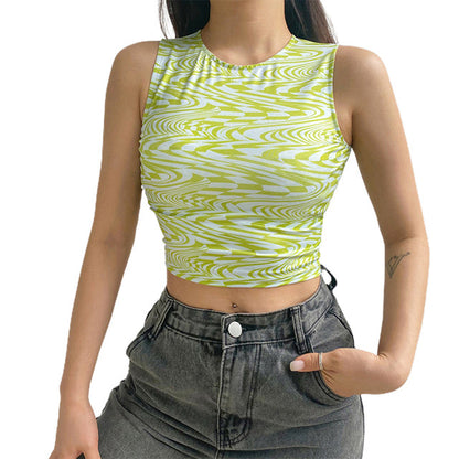 Ribbed sleeveless crop top with high round neckline, lime green swirl print