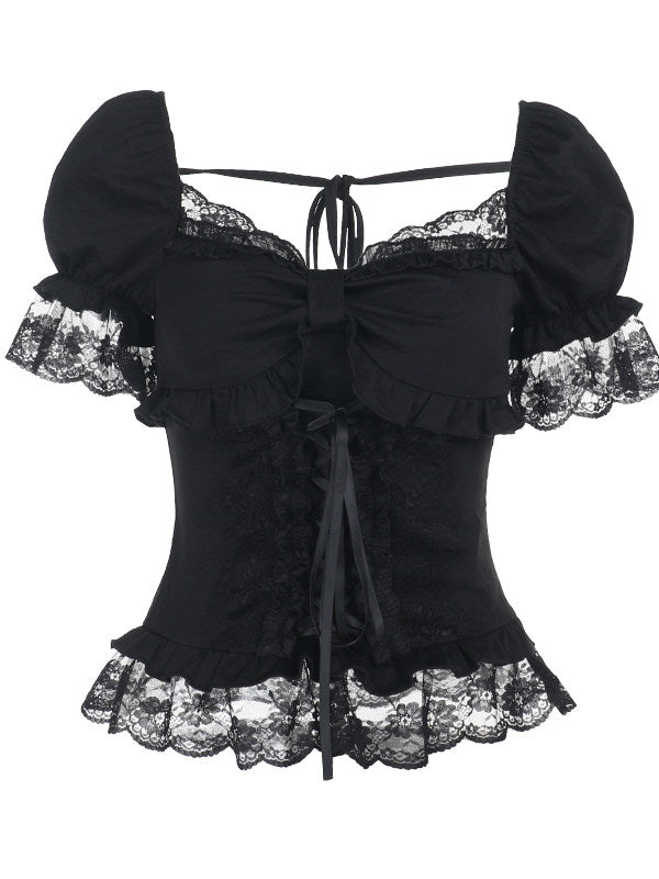 Black lace-up square-neck corset top with puff sleeves and layered ruffle lace hem