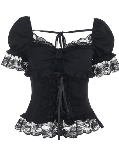 Black lace-up square-neck corset top with puff sleeves and layered ruffle lace hem