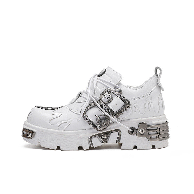 White lace-up platform shoes with metal side buckles and raised tread sole
