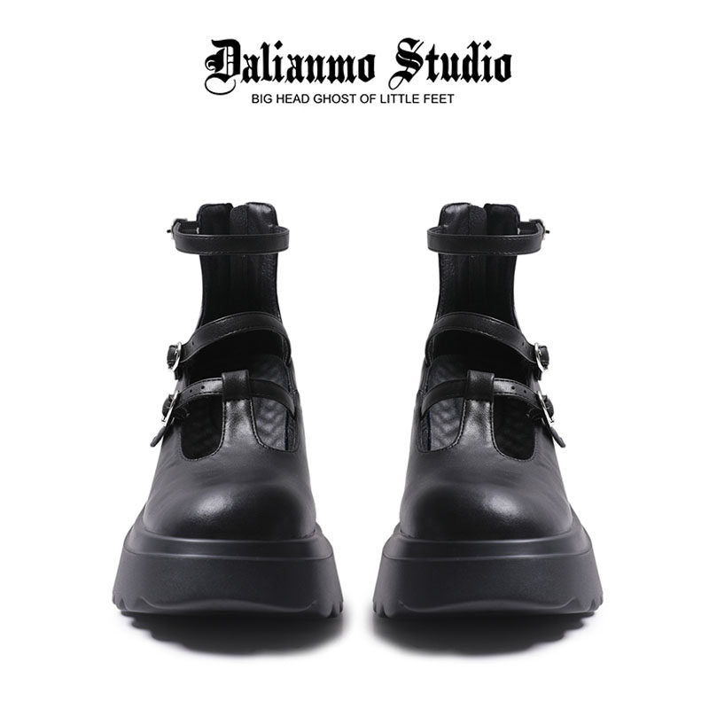 Black Mary Jane platform high heels, back view with adjustable ankle strap