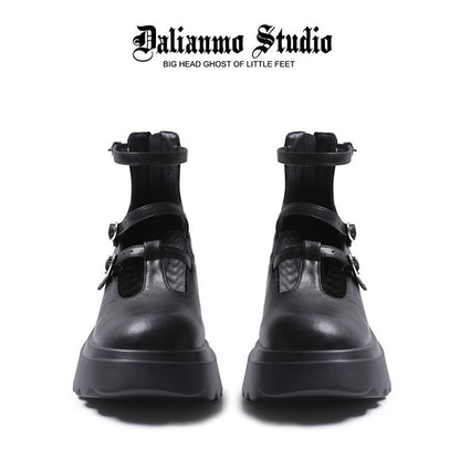 Black Mary Jane platform high heels, back view with adjustable ankle strap