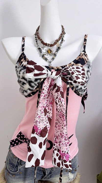 Pink patchwork camisole with leopard-print faux fur bust and hanging ribbon ties