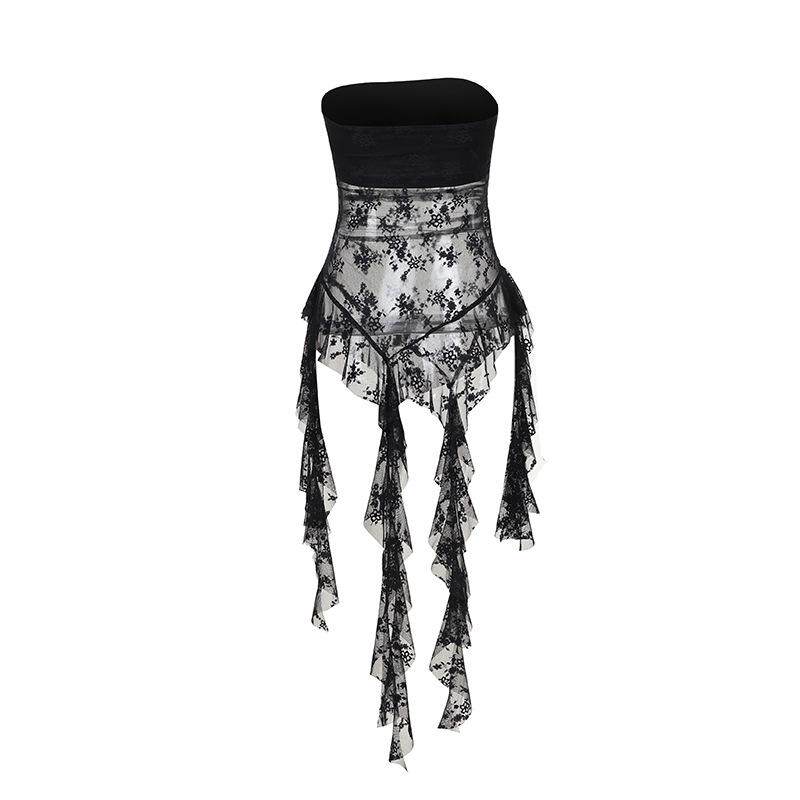 Black bandeau wrap top with sheer lace overlay, ruffle fringe hem and cross strap