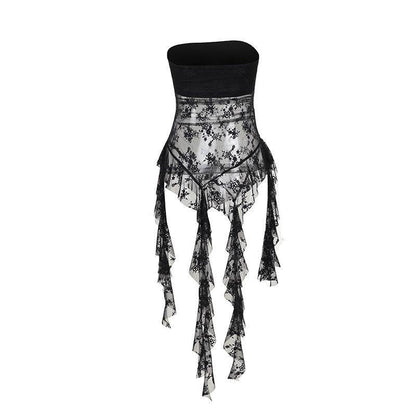 Black bandeau wrap top with sheer lace overlay, ruffle fringe hem and cross strap