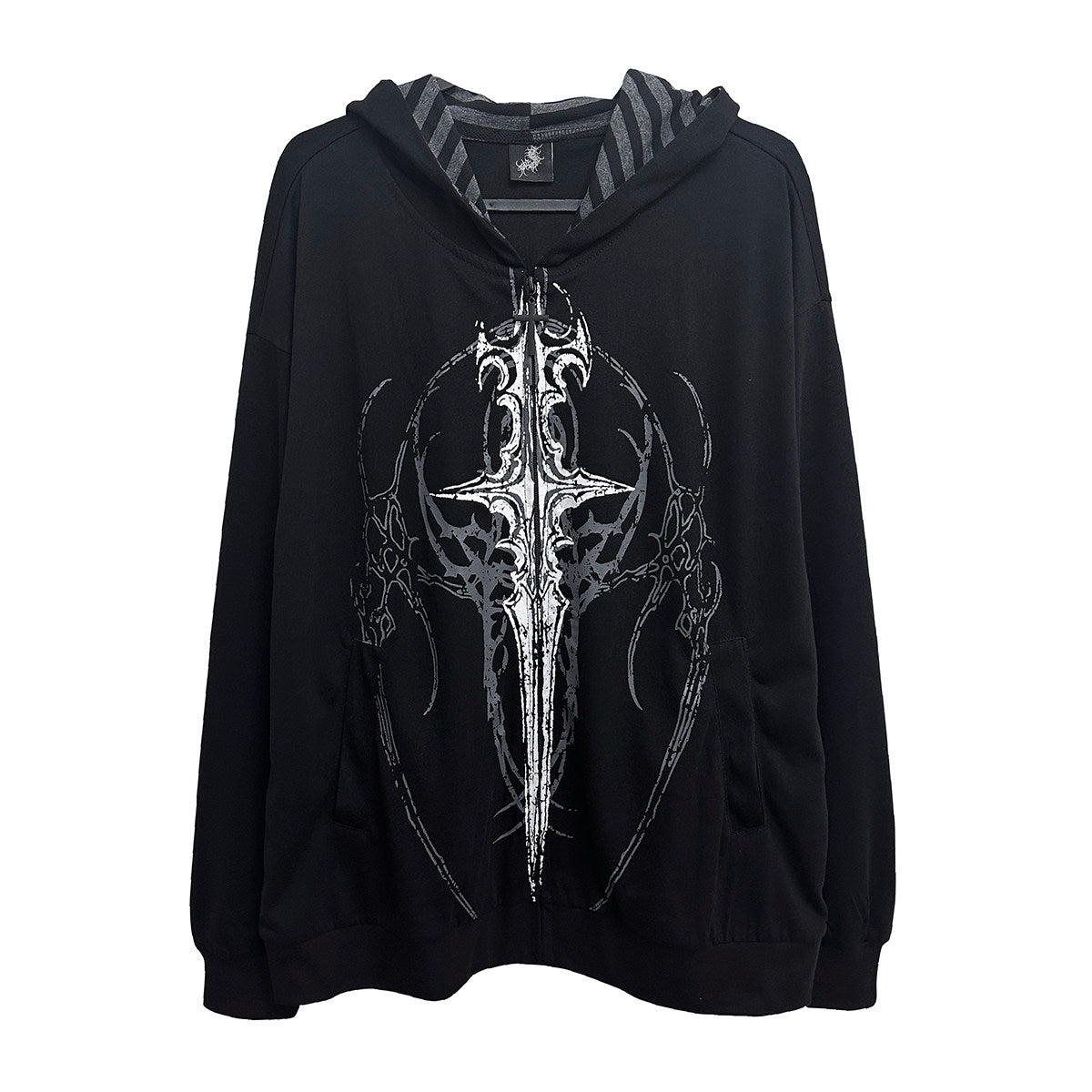 Black gothic print hooded loose jacket with metallic-looking cross graphic, zip-front