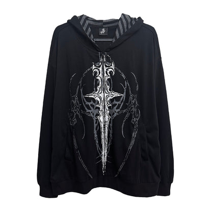 Black gothic print hooded loose jacket with metallic-looking cross graphic, zip-front