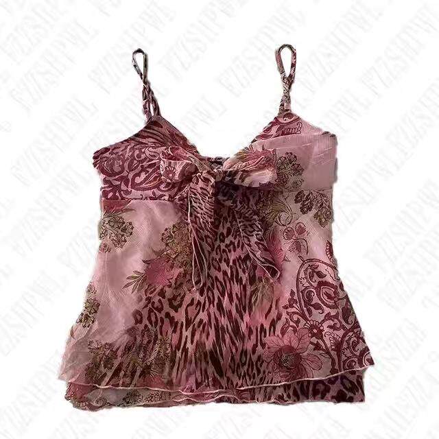 Floral camisole top, mauve and pink with dark paisley pattern and gathered hem