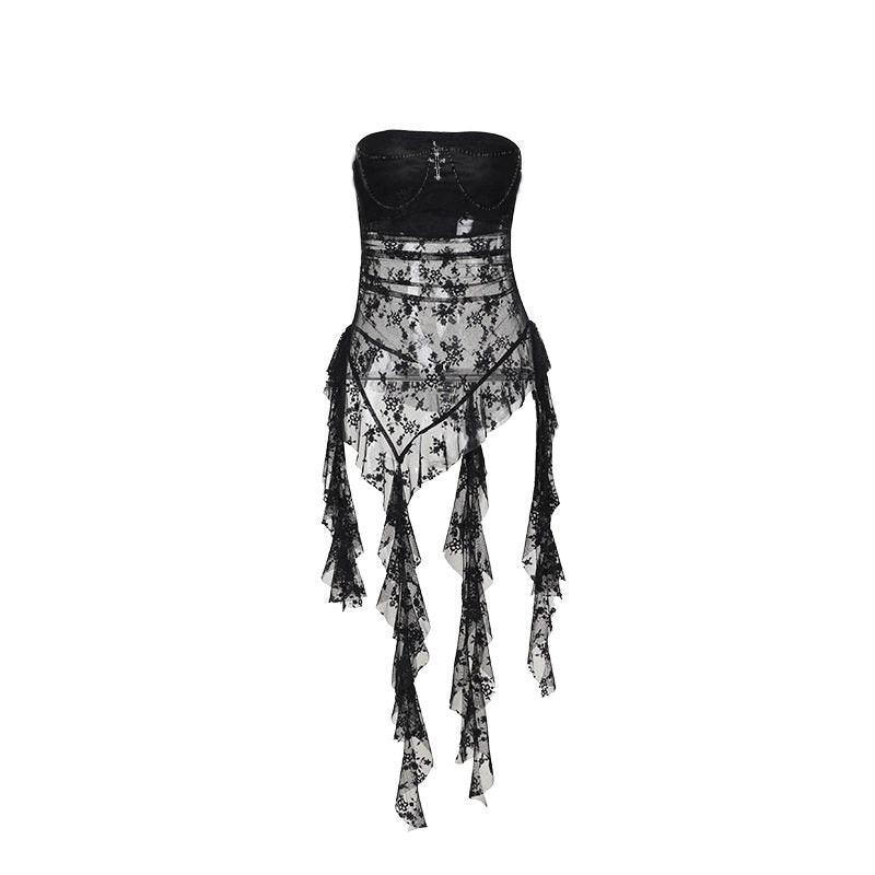 Black bandeau wrap top with sheer lace paneling and layered ruffle fringe