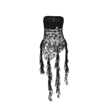 Black bandeau wrap top with sheer lace paneling and layered ruffle fringe