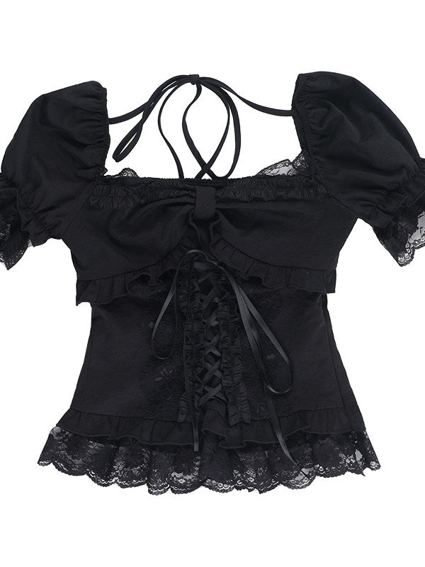 Black off-shoulder corset top with crisscross back laces and lace-trim ruffled hem