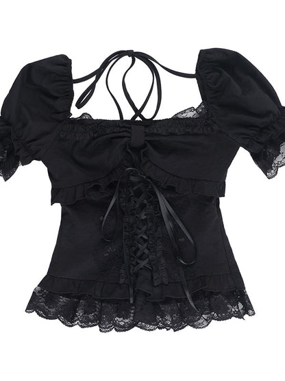 Black off-shoulder corset top with crisscross back laces and lace-trim ruffled hem
