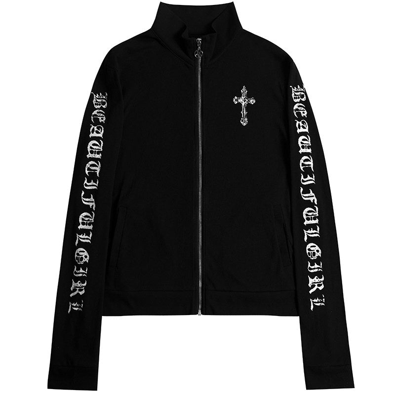 Black zip-up cardigan with cross chest detail and printed sleeve lettering