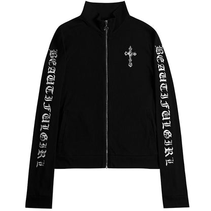 Black zip-up cardigan with cross chest detail and printed sleeve lettering