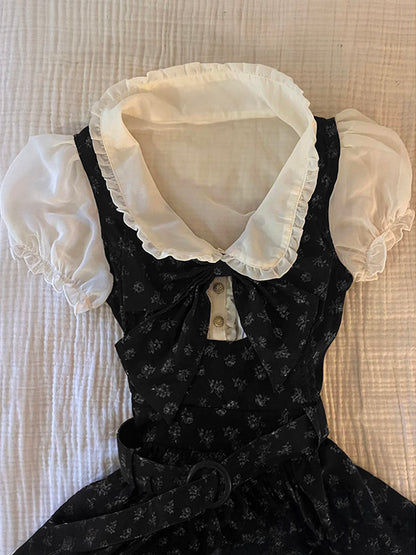 Floral doll collar shirt dress, black with floral print, bow-tie bodice and waist belt