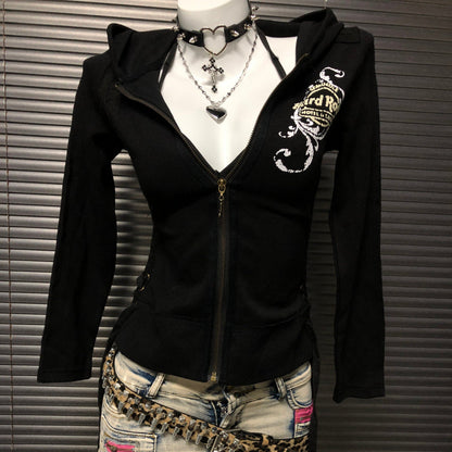 Black zip-up hooded sweatshirt jacket with chest graphic and front pockets