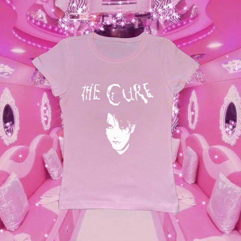 Light pink crewneck graphic T-shirt with band text and face portrait print