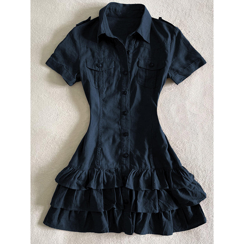 Dark blue short-sleeve shirt dress with chest pockets and tiered ruffle hem