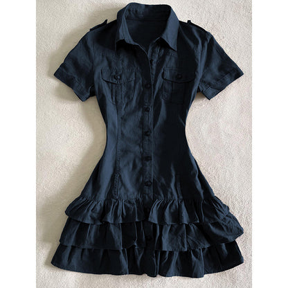 Dark blue short-sleeve shirt dress with chest pockets and tiered ruffle hem