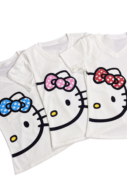 Stacked white v-neck T-shirts with kitty cat graphics and blue, pink, red bows
