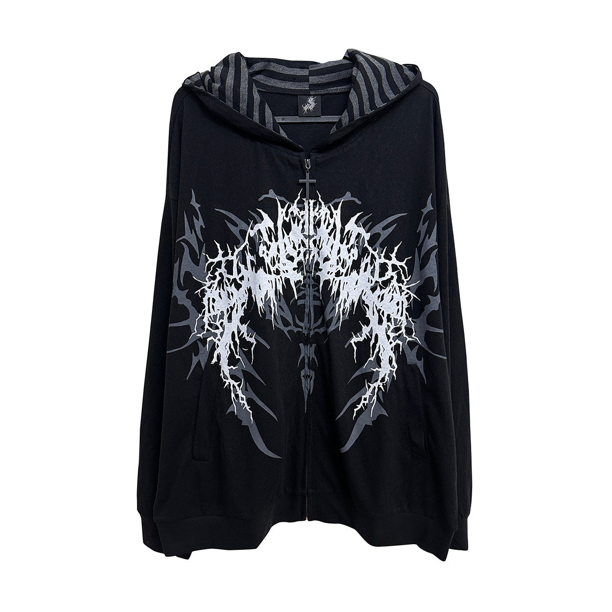 Black hooded zip-up sweatshirt with central white gothic tattoo print graphic