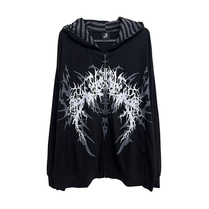 Black hooded zip-up sweatshirt with central white gothic tattoo print graphic