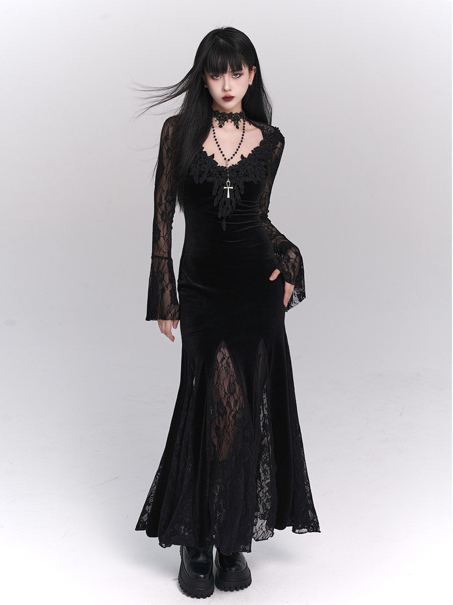 Gothic Black Mermaid Maxi Dress