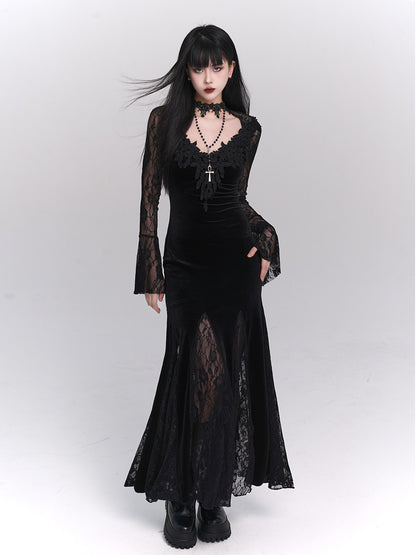 Gothic Black Mermaid Maxi Dress