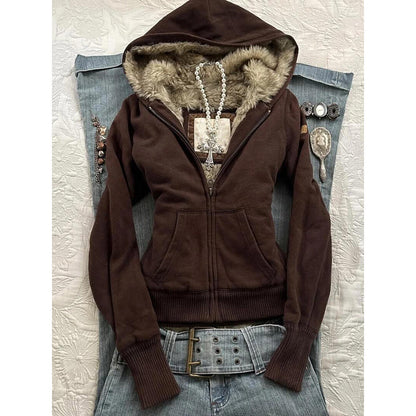 Brown fleece hooded zip jacket with faux fur collar trim and ribbed sleeve cuffs