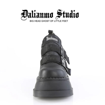 Black platform shoes with double buckle strap detail and tall chunky heel sole