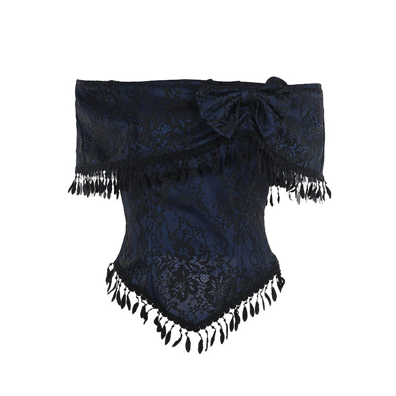Dark jacquard one-shoulder top with bow detail and layered black fringe tassels