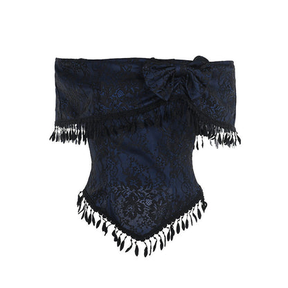 Dark jacquard one-shoulder top with bow detail and layered black fringe tassels
