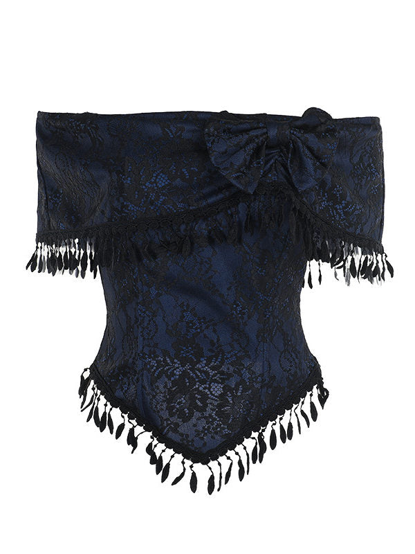 One-shoulder jacquard corset-style top with bow detail and dangling black tassels