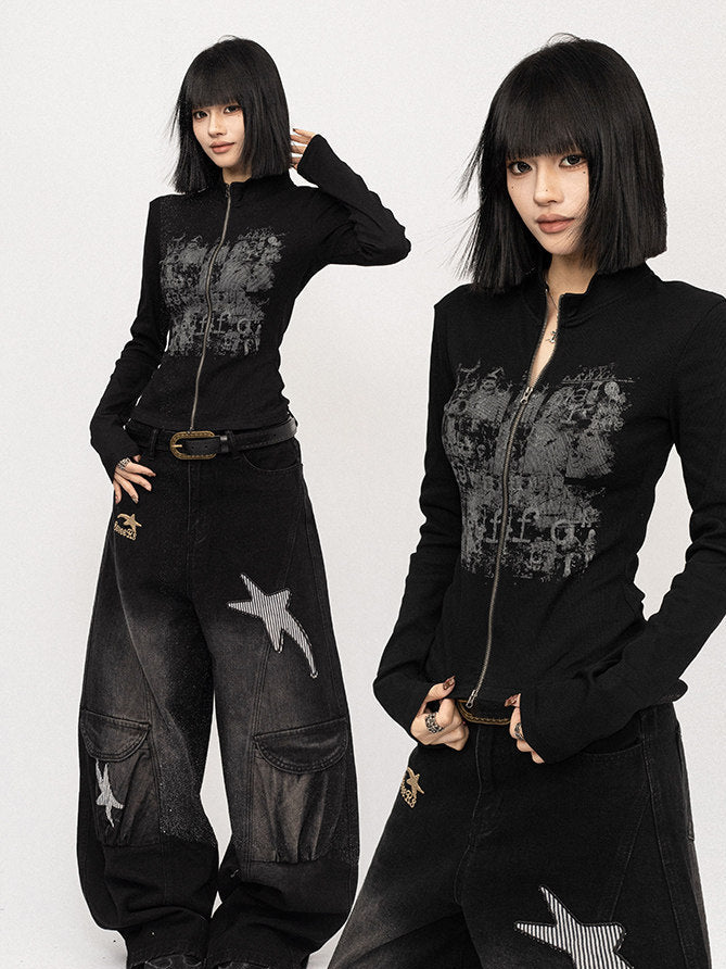 Black zip-up long-sleeve jacket with gray graffiti print on front