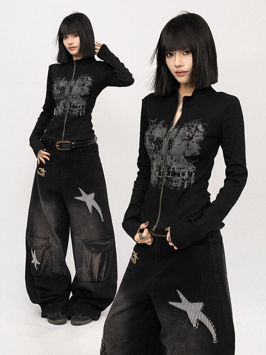 Black Graffiti Print Long-Sleeve