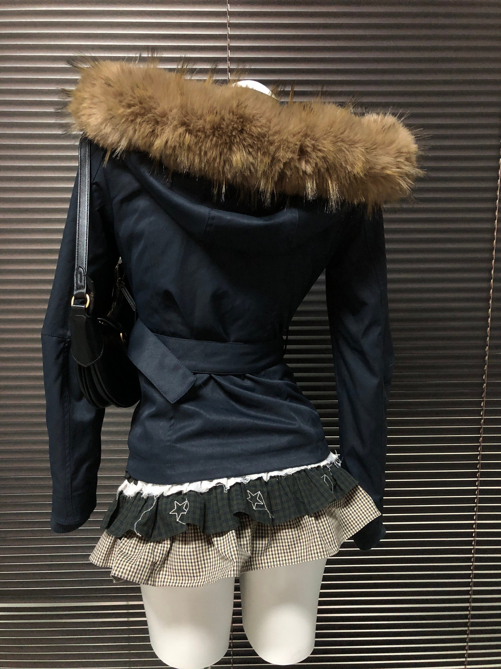 Black hooded parka jacket with faux fur hood trim and belted waist
